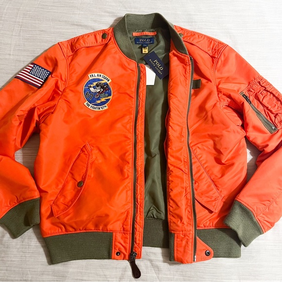 Polo Ralph Lauren COASTAL ORANGE Surplus Twill Air SQDRN 67 Bomber Jacket - Picture 4 of 14